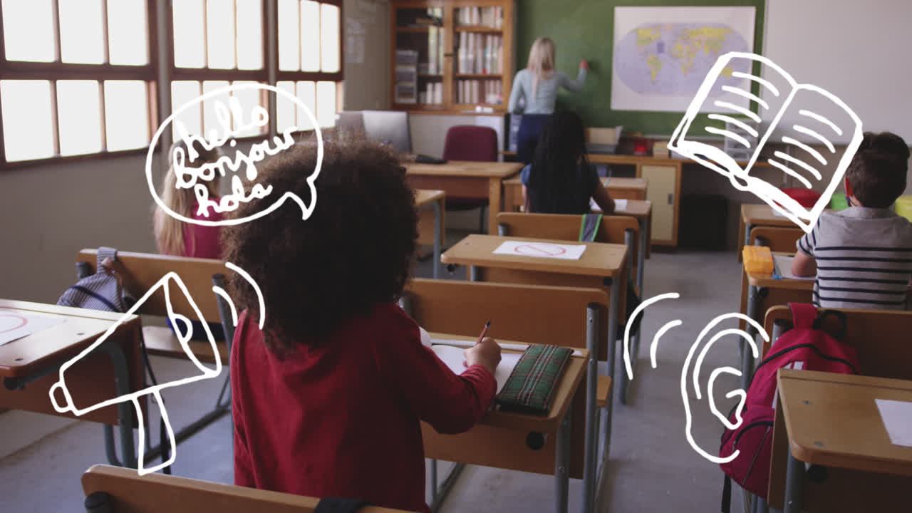 анимация контурных школьных предметов, появляющихся на заднем плане класса различных учеников