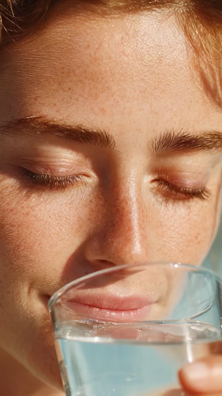 Un giovane adulto si gusta un bicchiere d'acqua rinfrescante, assaporandone il gusto e l'idratazione in un ambiente luminoso e soleggiato, mentre apprezza le gioie semplici della vita