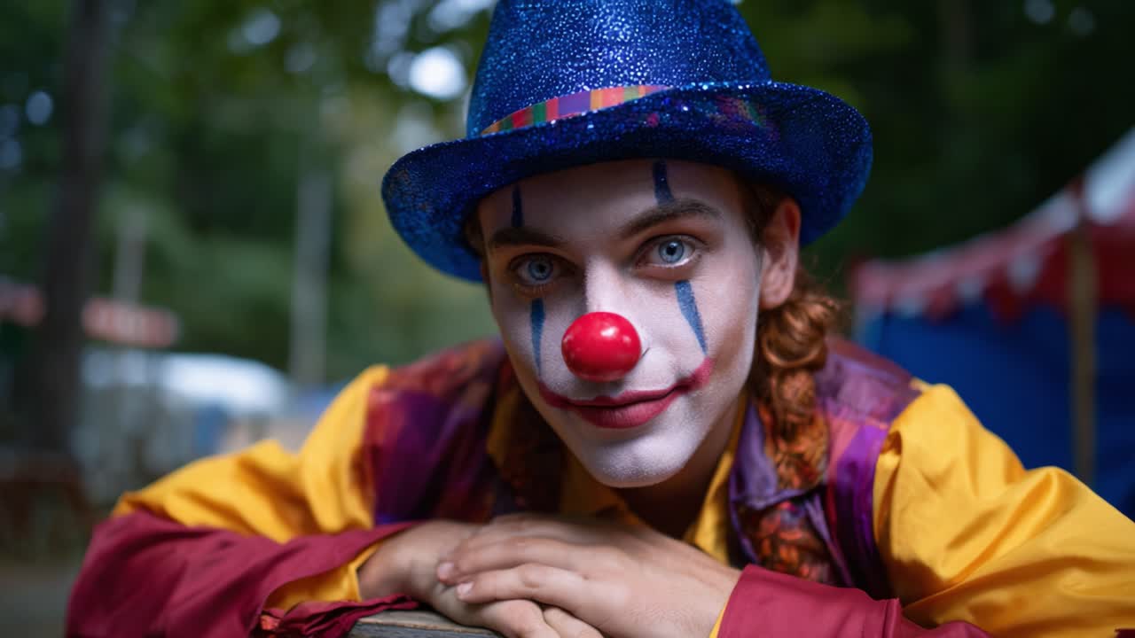 Un accattivante primo piano di un clown, che mette in mostra un trucco vivido e un cappello blu scintillante, evocando un senso di performance e fascino stravagante in un ambiente vivace