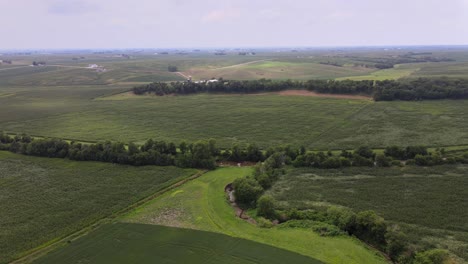 Aerial-Drone-Video-Of-Rich,-Green-Rural,-Agrarian-Agricultural-Farmland-Corn-And-Bean-Midwest-Heartland-Of-Iowa