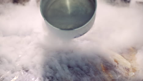 presentation of getting ice-cream ready with liquid nitrogen on the background of white smoke. chief cook is making cold dessert with fruit. close-up