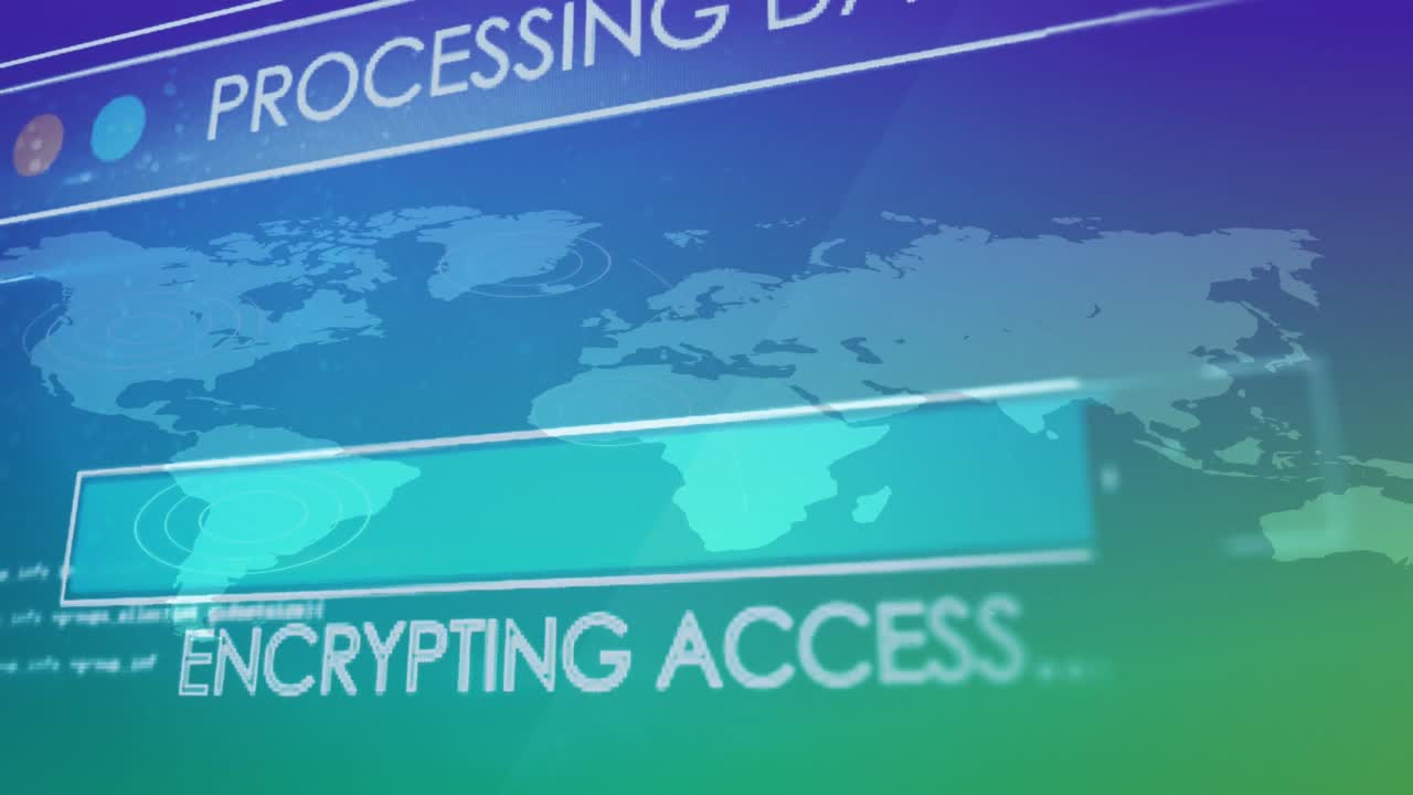 animación del procesamiento de datos sobre el mapa del mundo sobre fondo azul