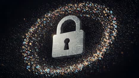 a captivating visual representation of cybersecurity featuring a lock surrounded by a dance of colorful data points and circuitry patterns, symbolizing digital protection