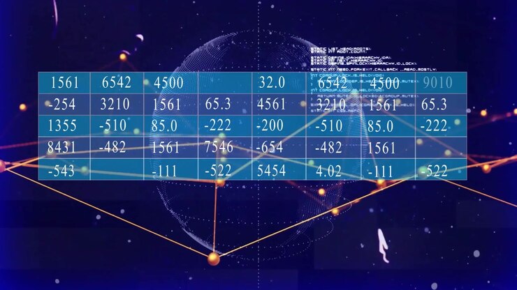 Numeric data grid floating over wireframe globe, highlighting glowing nodes and drifting code text