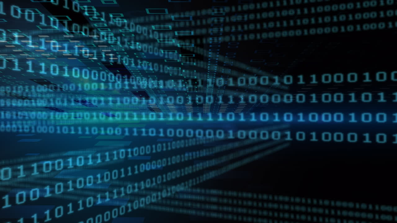 Animation of data processing and binary coding on blue background