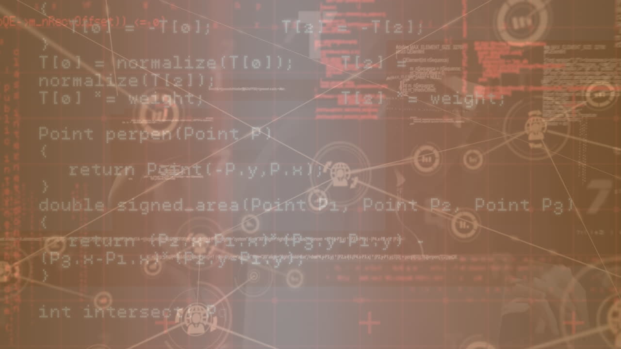 Animation of connected icons over computer language and looping letters on abstract background
