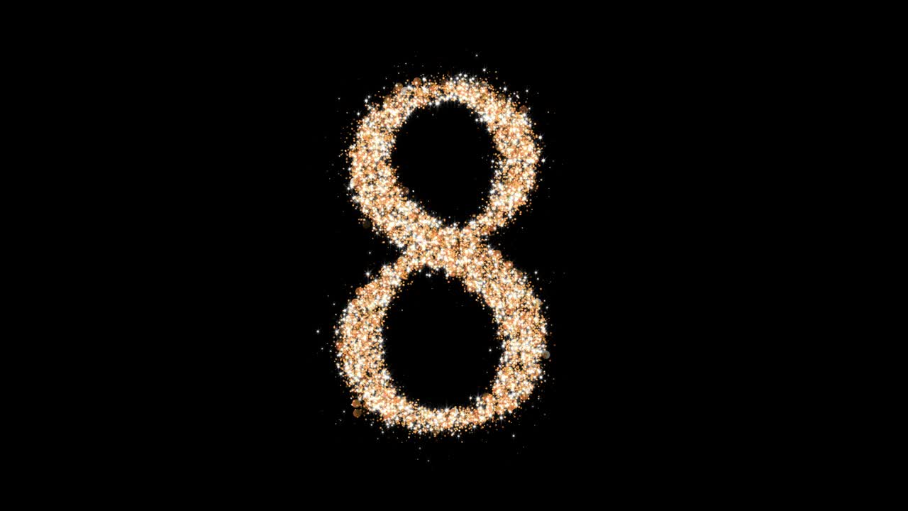 brillo de oro número 8 bucle. una figura de partículas brillantes. animación 3d