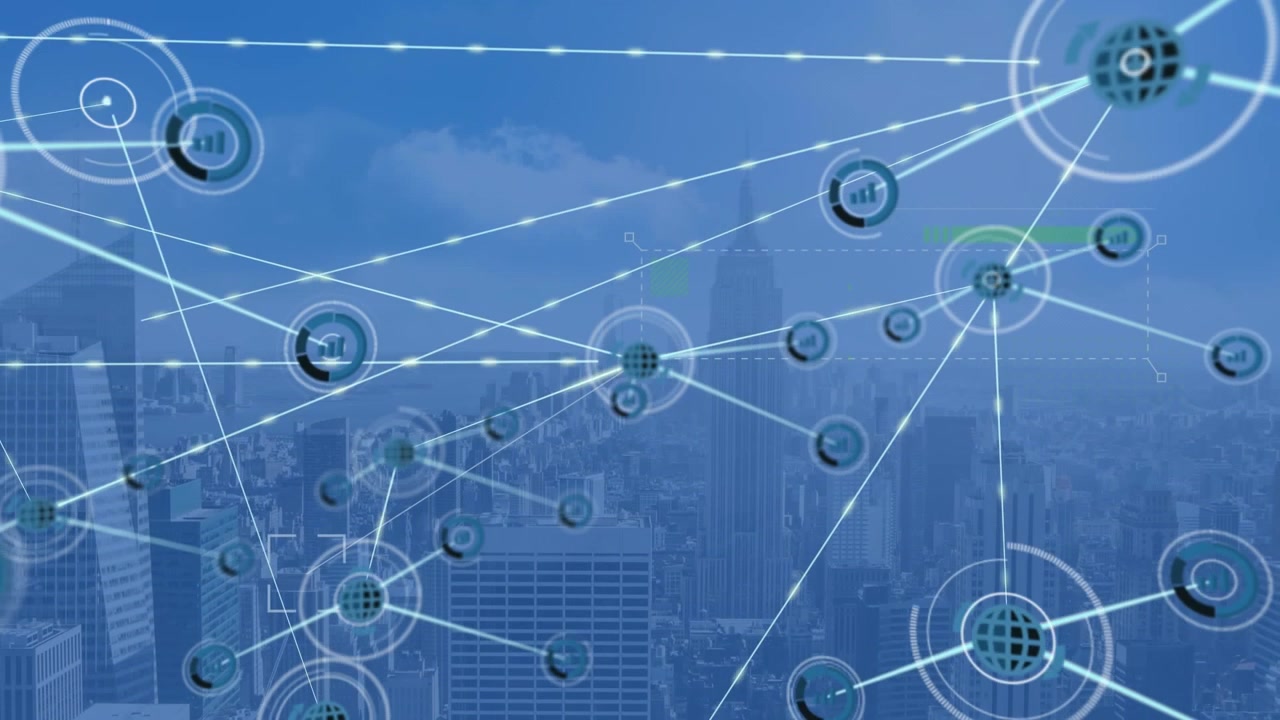 Animation of globe and graph connected icons over aerial view of modern city against cloudy sky