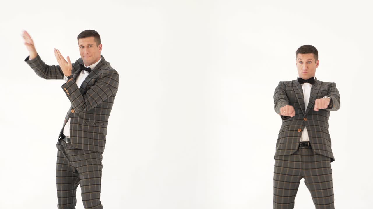 doubles in checkered suits are depicting different body movements and facial expressions on a white background in the studio.