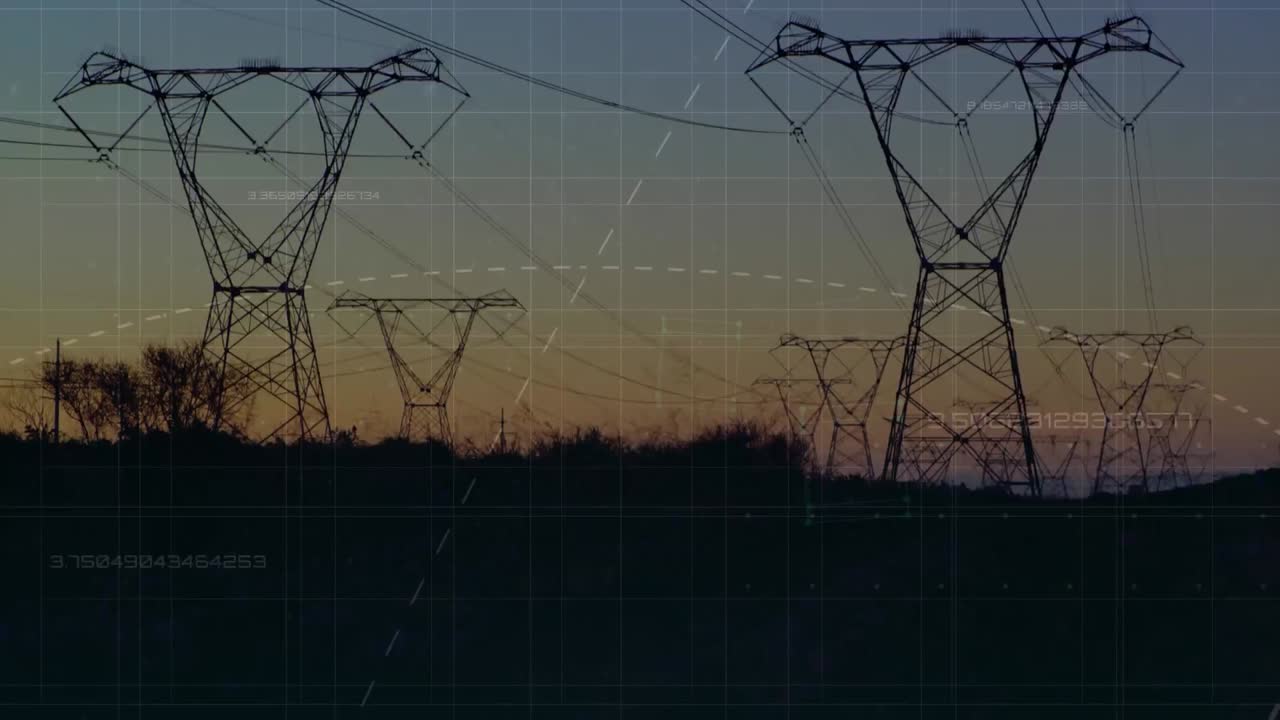 Animation of data processing over landscape with electricity pylons