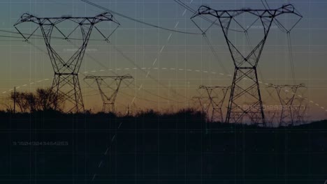 animación del procesamiento de datos sobre el paisaje con torres eléctricas