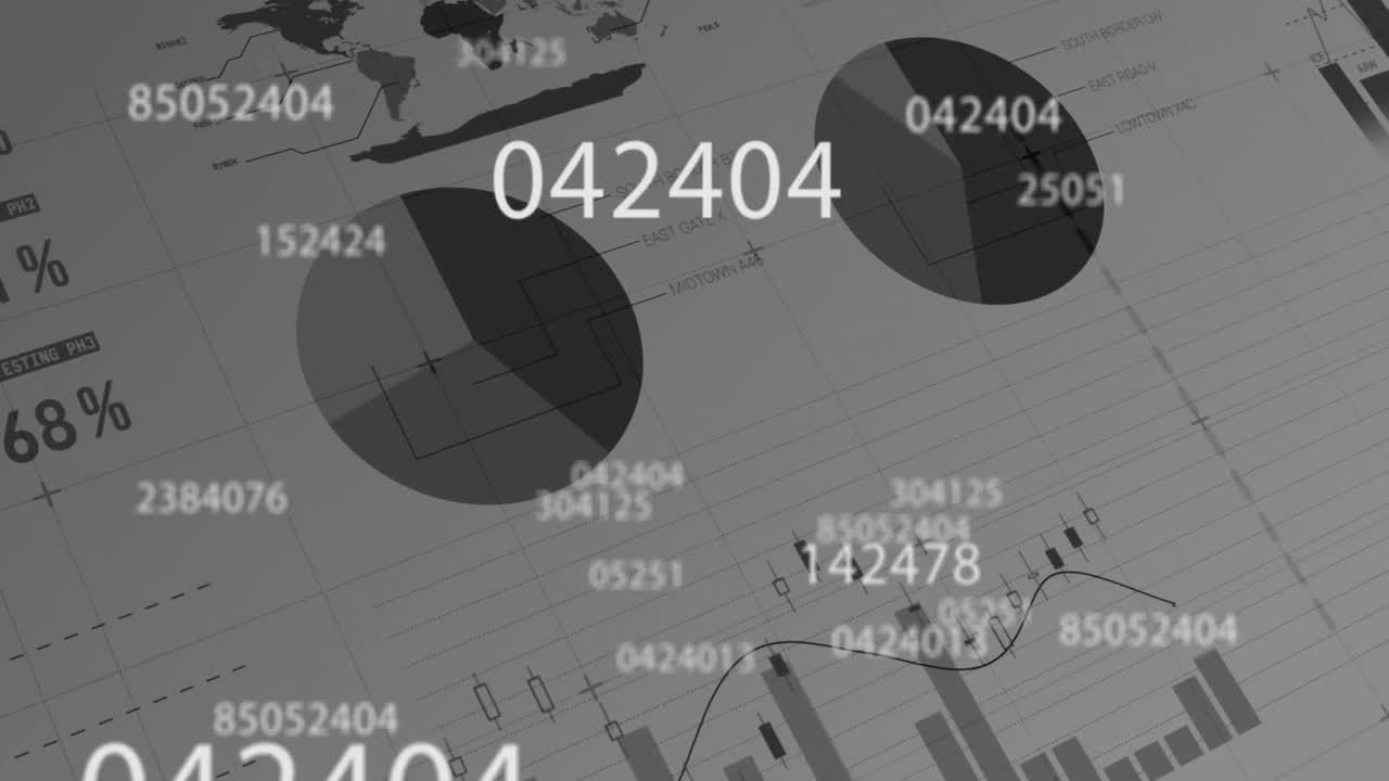 animación de la interfaz digital con números cambiantes, procesamiento de datos financieros y estadísticas