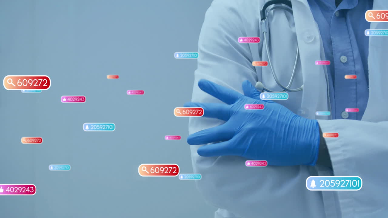 Medico che indossa un camice da laboratorio e guanti blu, con le braccia incrociate, mostrando icone di notifica per l'assistenza sanitaria.