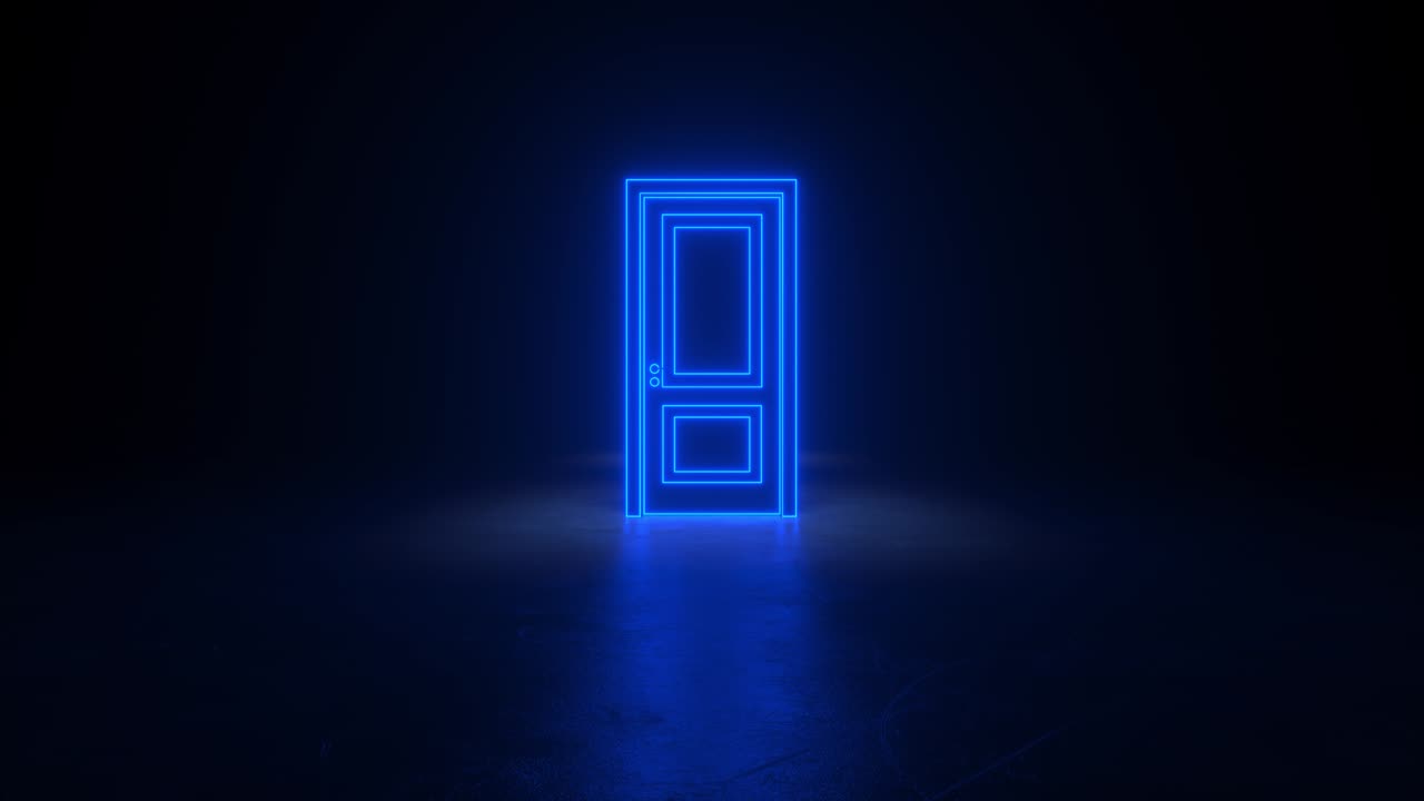 블랙 홀 방에서 푸른 네온 문을 열고, 추상적인 sf 배경, 복도, 미래 개념, 반사와 함께 콘크리트 바닥 방에서 반이는, 앞으로 나아가는, 4k의 3d 애니메이션 루프