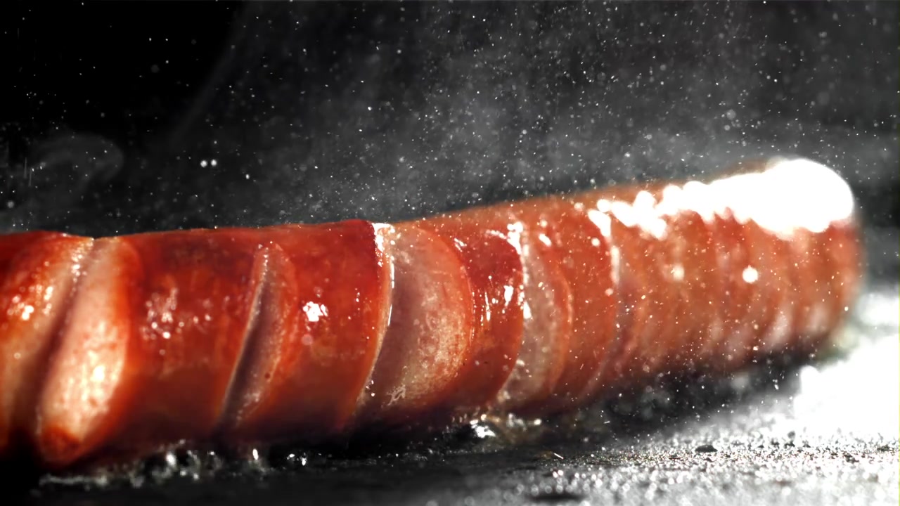 Primo piano di un hot dog che sfrigola e frigge in una padella