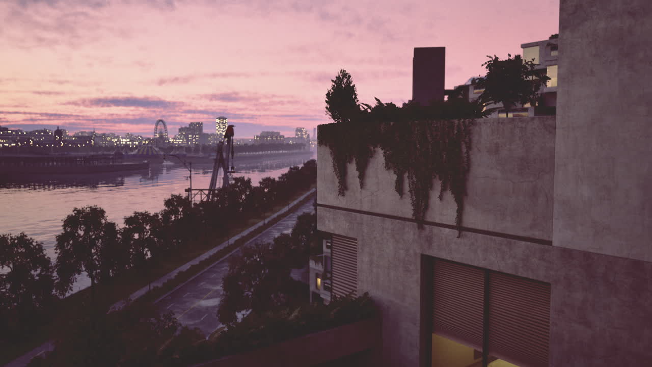 Vibrant sunset reflects on calm river with modern architecture nearby