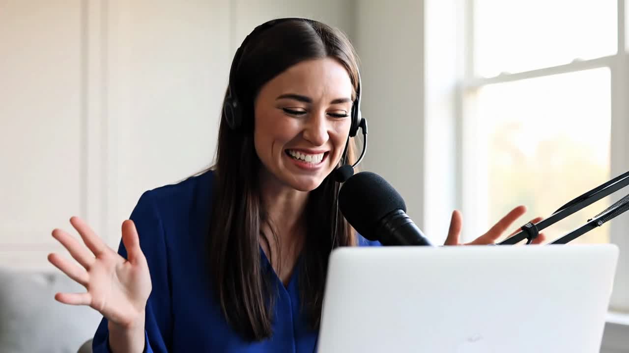 Mujer presentando un podcast durante una transmisión en vivo en línea.