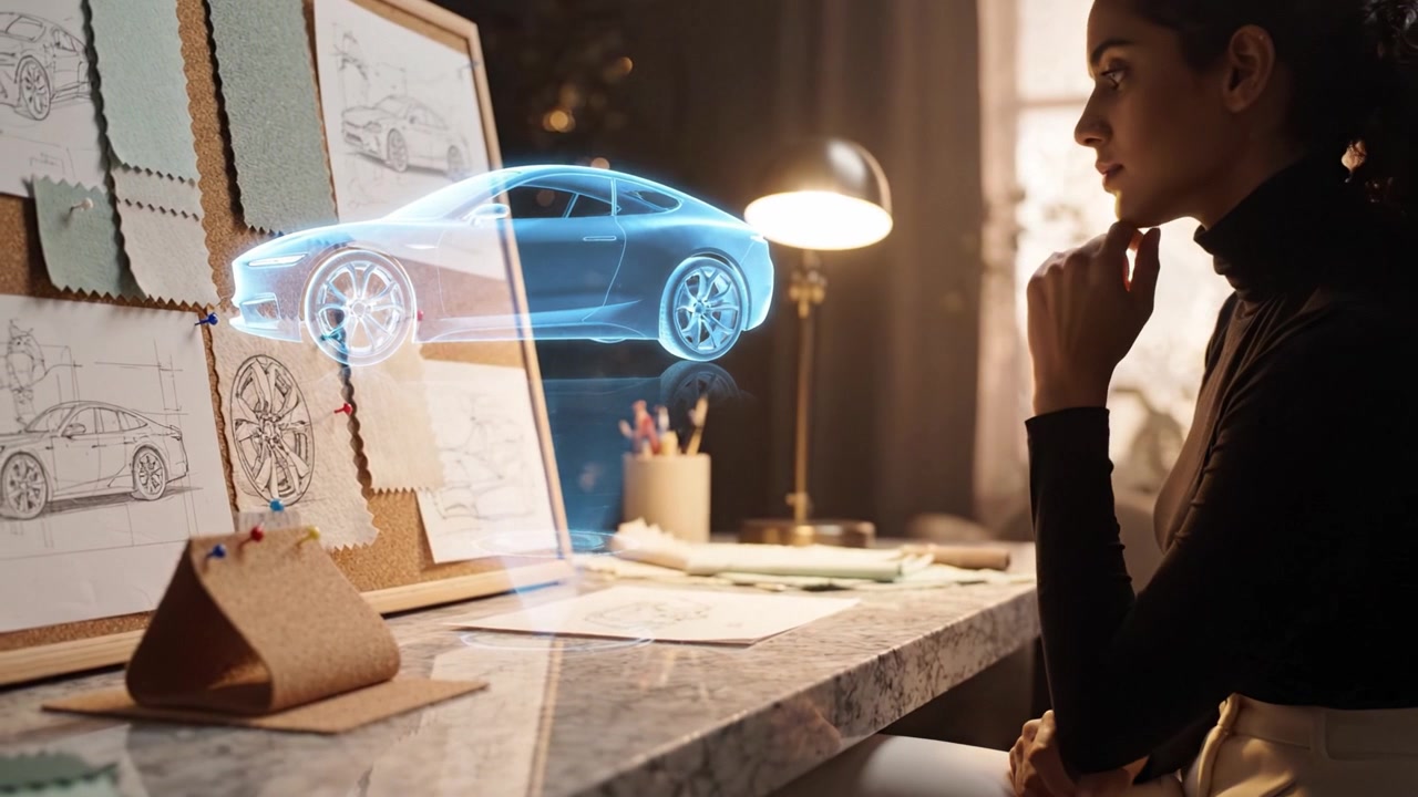 Un Diseñador Creativo Contempla Conceptos Innovadores de Automóviles Mientras Trabaja en una Mesa de Diseño en un Espacio de Trabajo Moderno con Iluminación Ambiental e Inspiración Artística