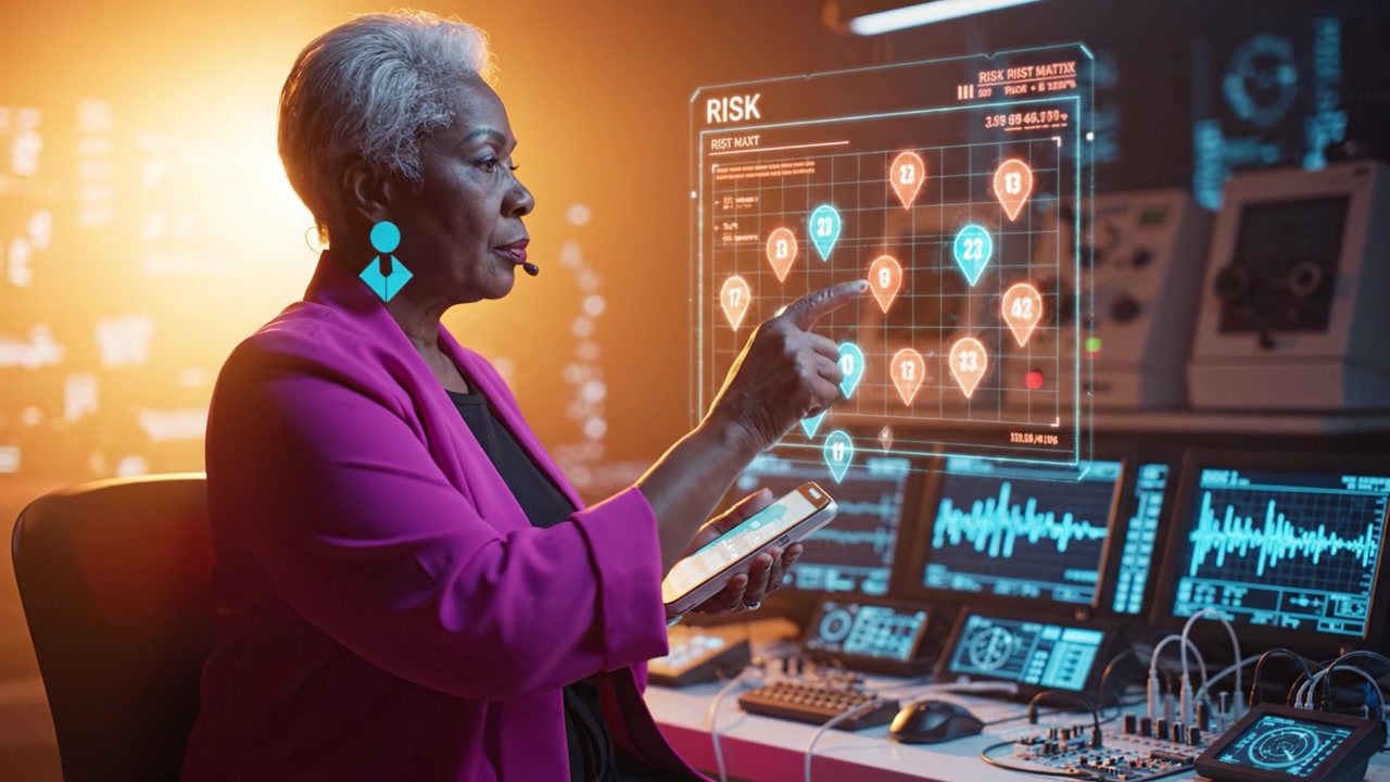 A focused woman analyzes data on a tablet within a high-tech control room filled with monitors displaying vital information and a glowing ambiance of innovation.