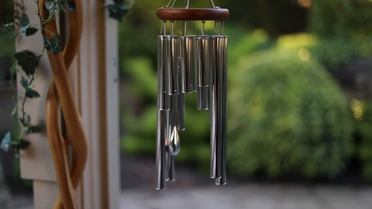 Primo piano di un carillon a vento appeso in un giardino