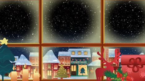 Animation-of-snow-falling-over-christmas-decorations,-window-and-winter-landscape