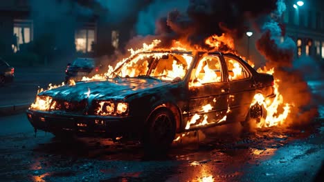 a car is engulfed by flames on the street at night