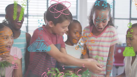 Animation-of-colourful-science-doodles-over-happy-diverse-schoolchildren-looking-at-plants-in-class