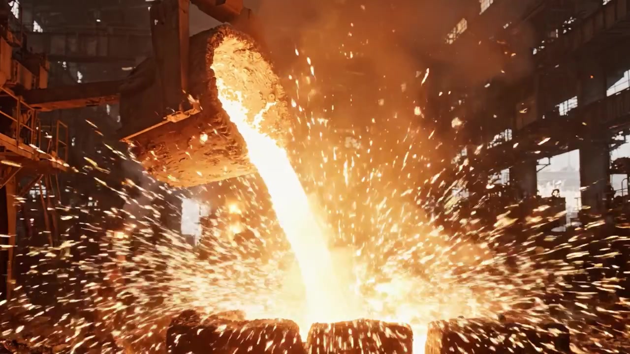 Molten metal is poured in a large industrial setting, showcasing the intense heat and powerful machinery at work in a foundry operation amidst the glowing embers and smoke.