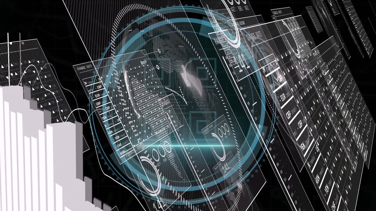 검은색 배경에 데이터 처리를 가진 디지털 인터페이스의 애니메이션