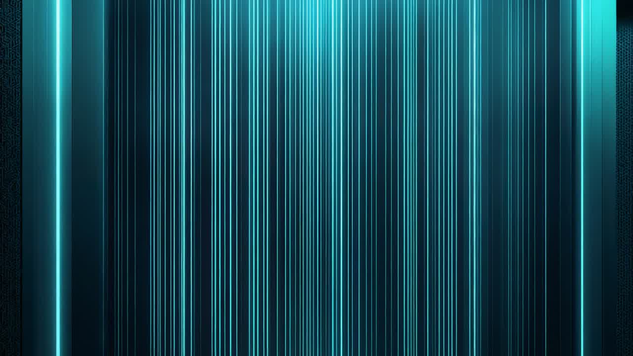 Pulsing vertical cyan-teal streaks since first frame on backdrop with dark side panels for display