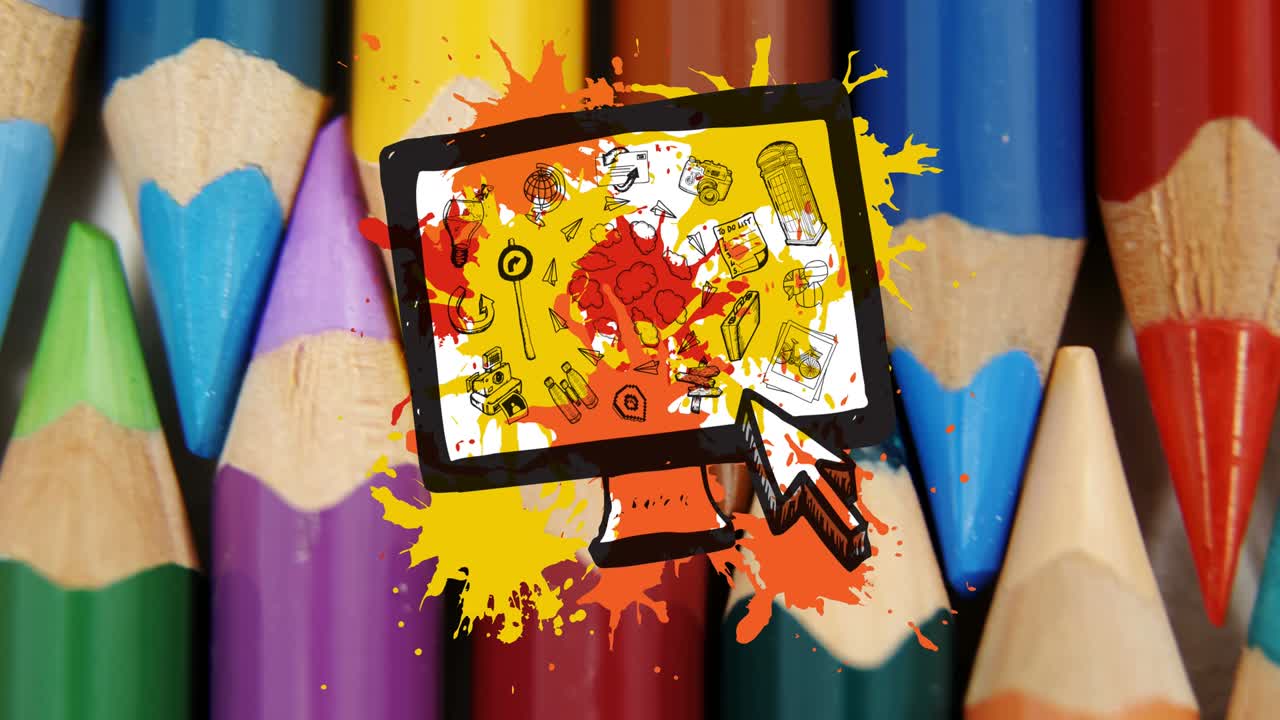 animación del icono de la computadora sobre lápices de colores sobre un fondo blanco