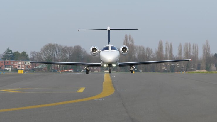 C510 Mustang private aircraft arriving at Antwerp terminal runway approaching camera