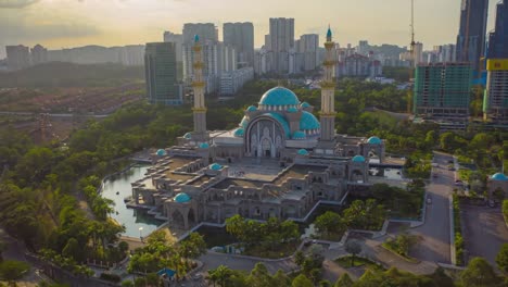 Aerial-view-of-Federal-territory-mosque-Kuala-Lumpur-Malaysia,-Beautiful-religious-place-in-Malaysia-filmed-by-drone