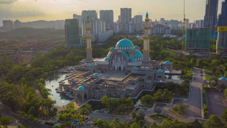 aerial view of federal territory mosque kuala lumpur malaysia, beautiful religious place in malaysia filmed by drone