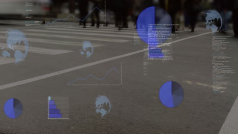animación del procesamiento de datos contra la sección baja de personas que cruzan la calle.