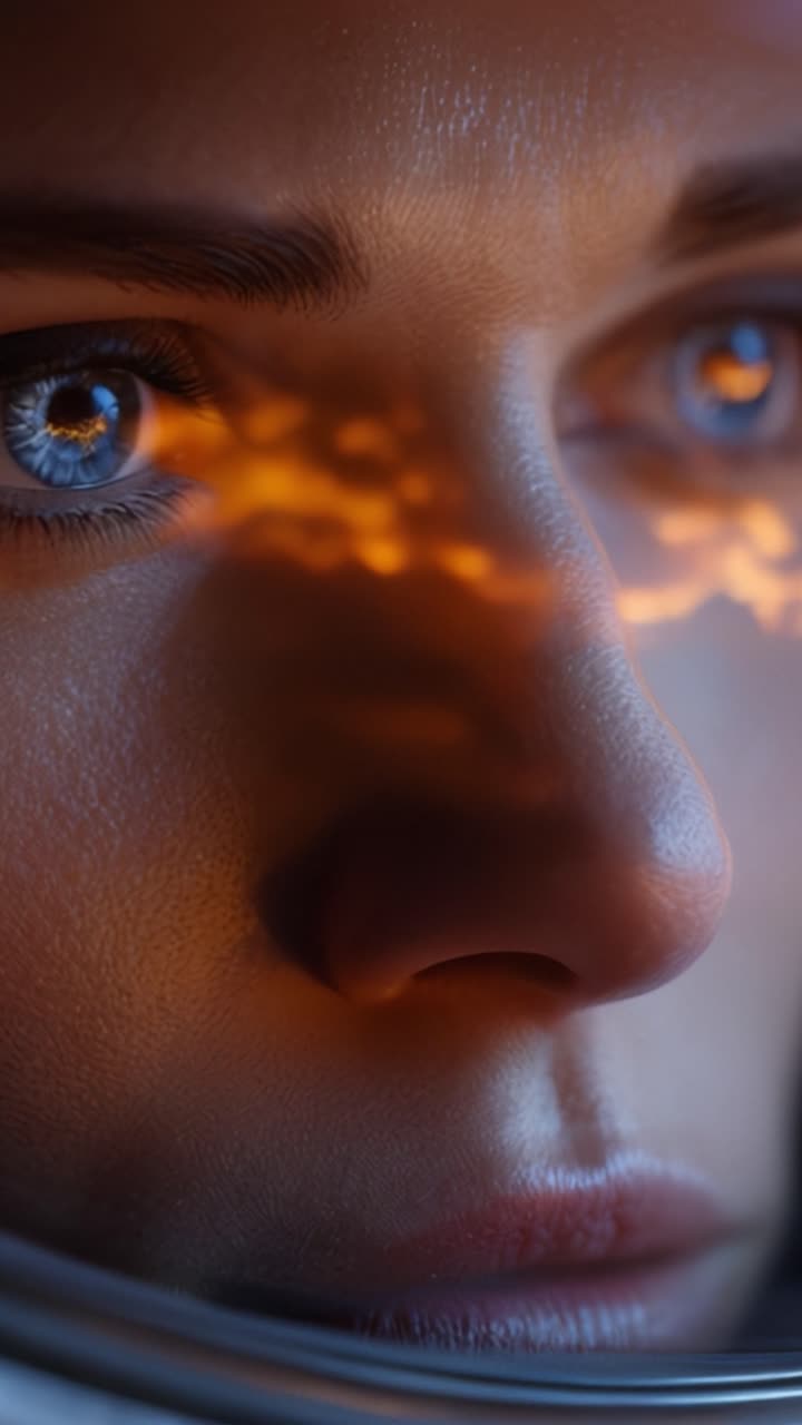 A Close-Up of an Astronaut's Face Capturing the Depth of Emotion, Wonder, and the Glow of Cosmic Elements Reflection in Their Eyes and Suit Environment