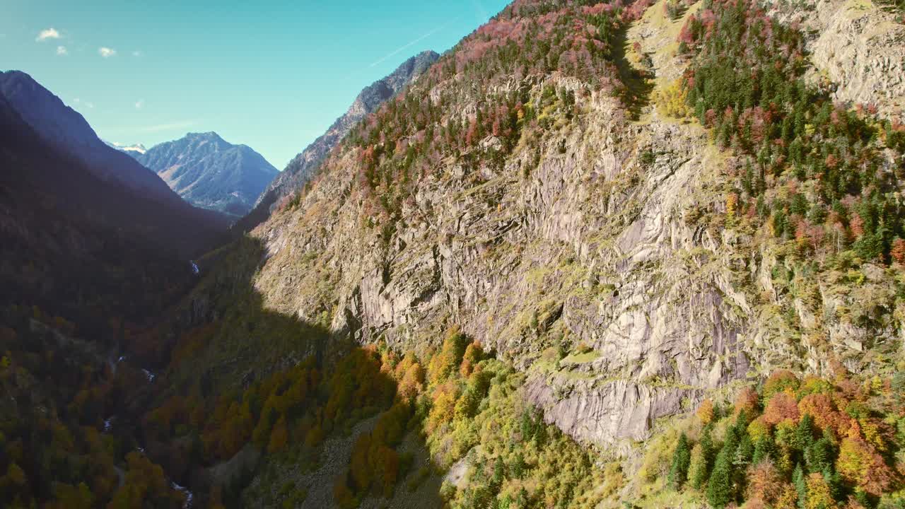 Scenic aerial view of Valley de Lutour in autumn colors, France's Pyrenees