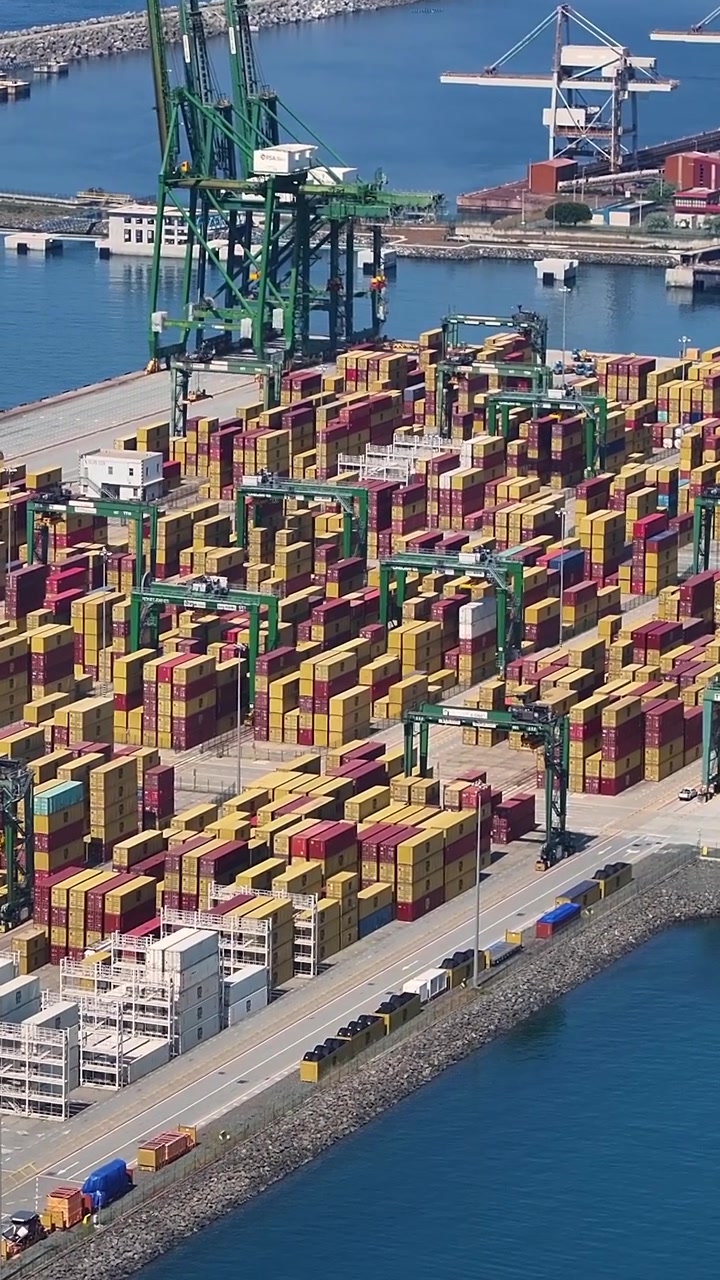 Una concurrida terminal de contenedores muestra numerosos contenedores de envío apilados en altura. Buques de carga están atracados, cargando y descargando mercancías para transporte internacional.
