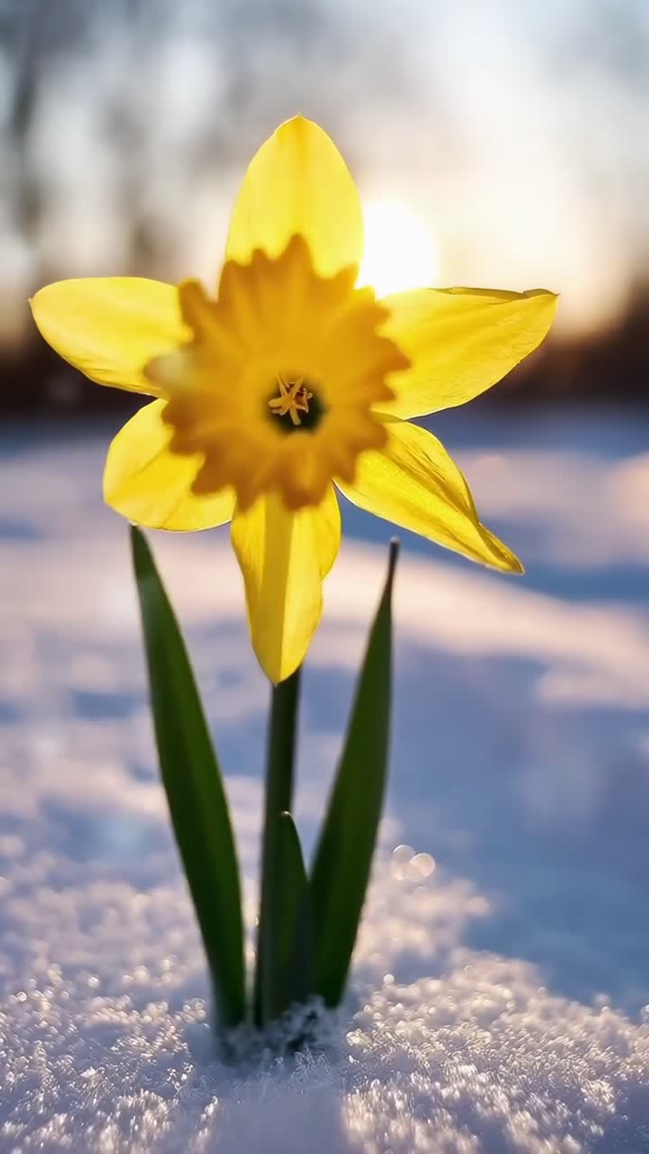 Primo piano di un narciso nella neve, retroilluminato dalla luce del sole. Acquisito da una angolazione bassa, stile video. Live