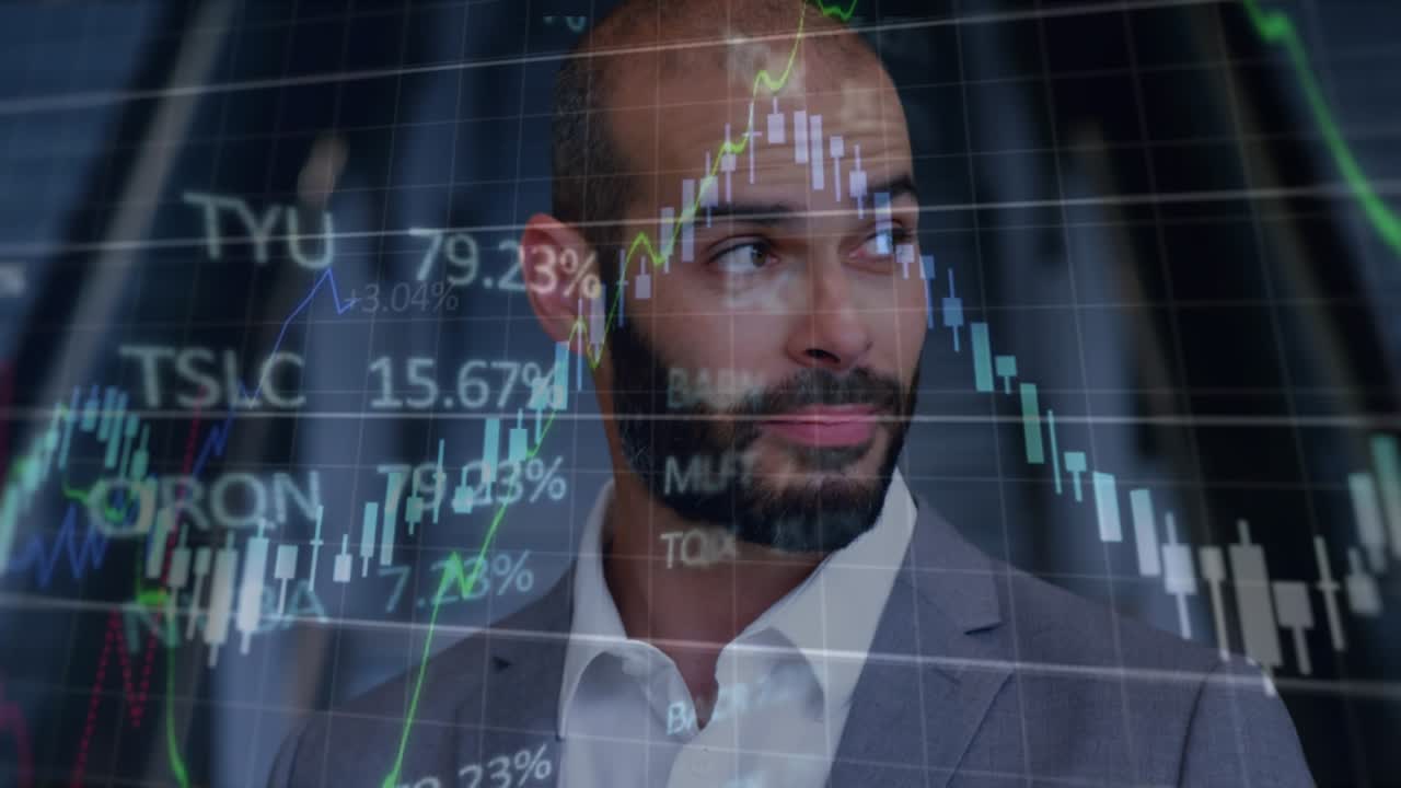 Animation af finansielle data og grafer over en forretningsmand på kontor