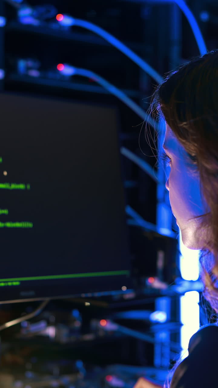 Woman programming in a server room. Vertical