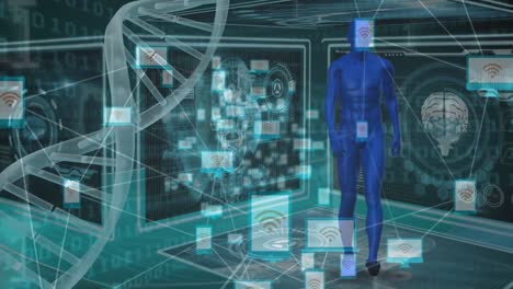 Animation-of-dna-strand-spinning-over-human-body,-scientific-data-processing-on-blue-background