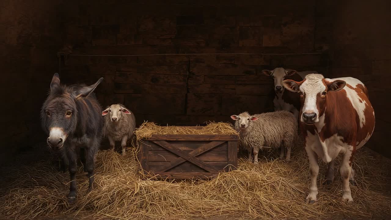 Swinging barn door letting daylight into barn with feeding crate, barn animals responding to light