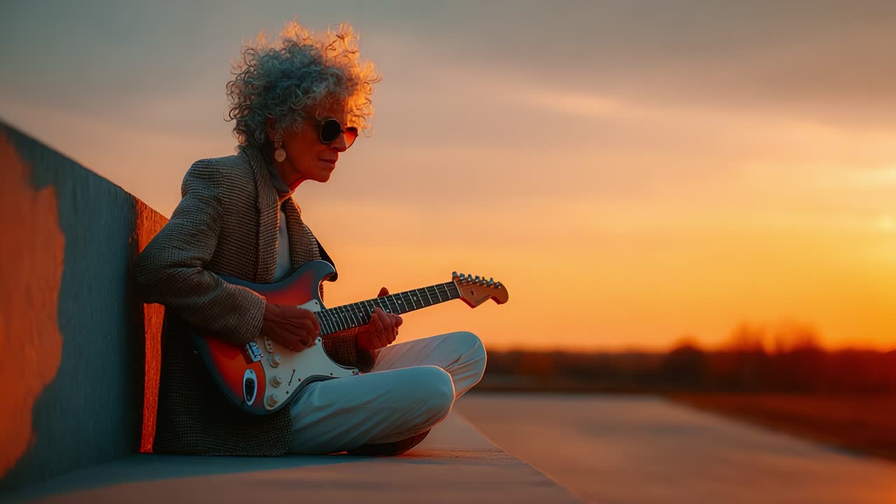 Rolige øjeblikke: En musiker med krøllet hår og solbriller spiller elguitar ved solnedgang og indfanger essensen af fred og kreativitet i et smukt landskab