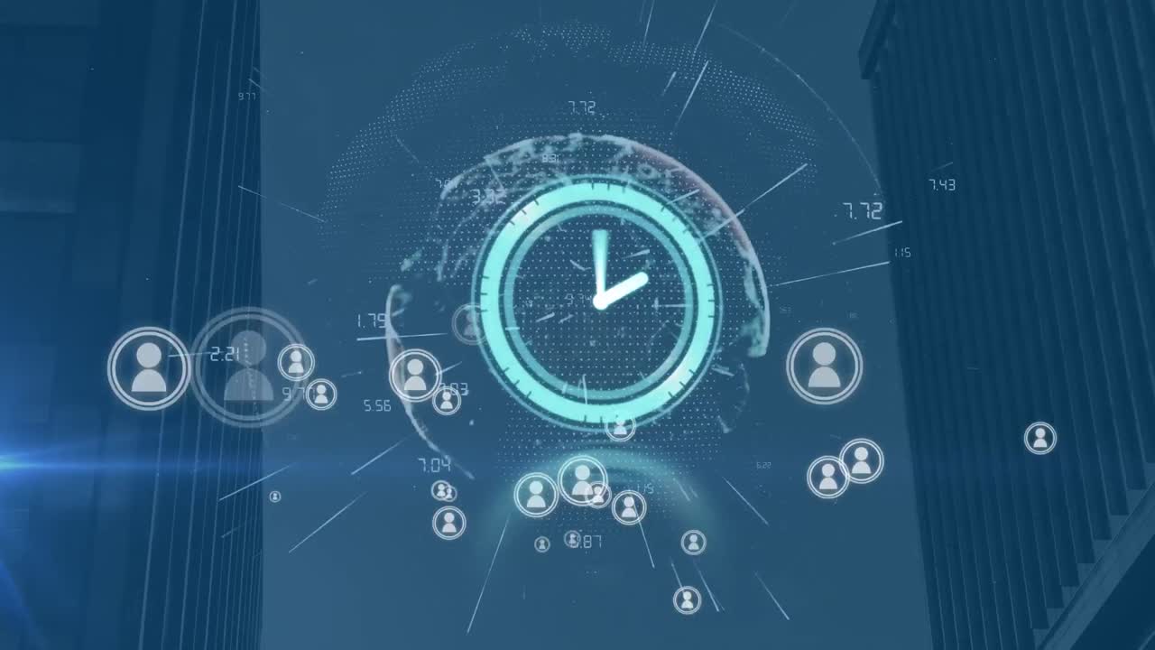 Animation of clock moving over icons, data and globe over skyscrapers