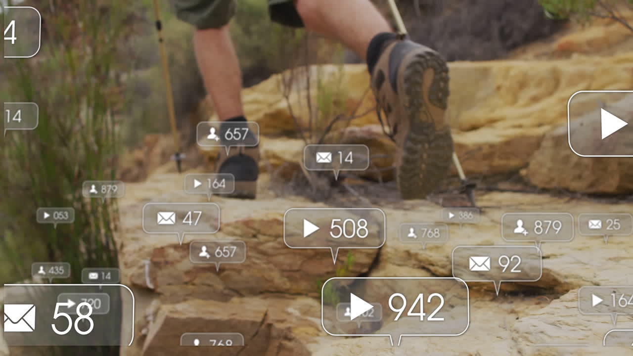 Hiker stepping with boots, poles across sandstone rocks, social media icons floating for marketing