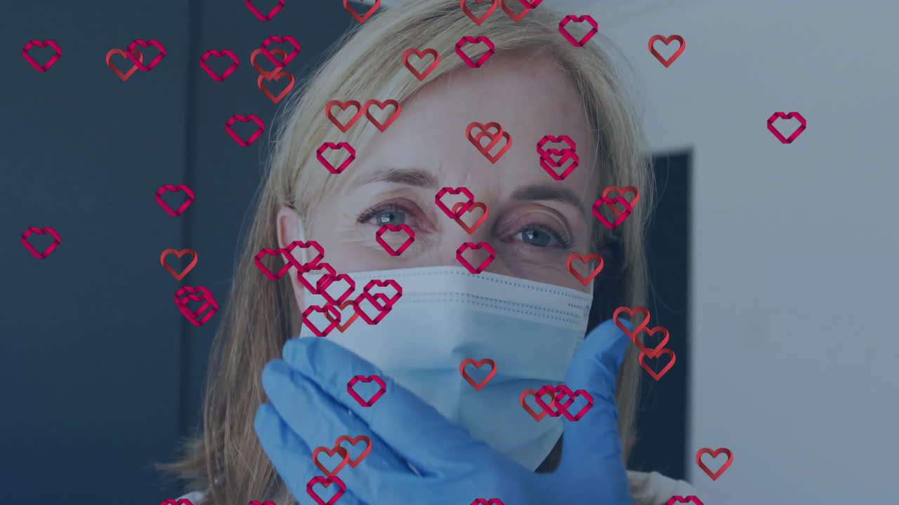 Female healthcare professional adjusting mask, showing floating heart icons for health