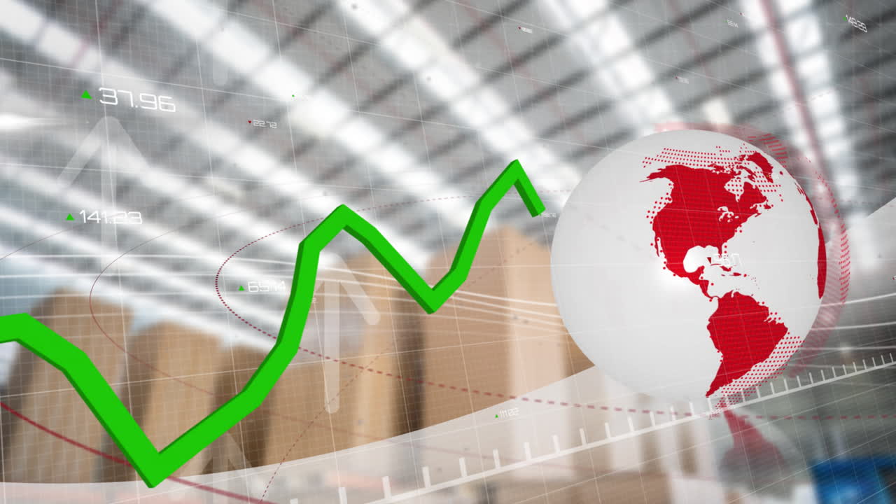Animación de procesamiento de datos financieros sobre un globo terráqueo y un almacén
