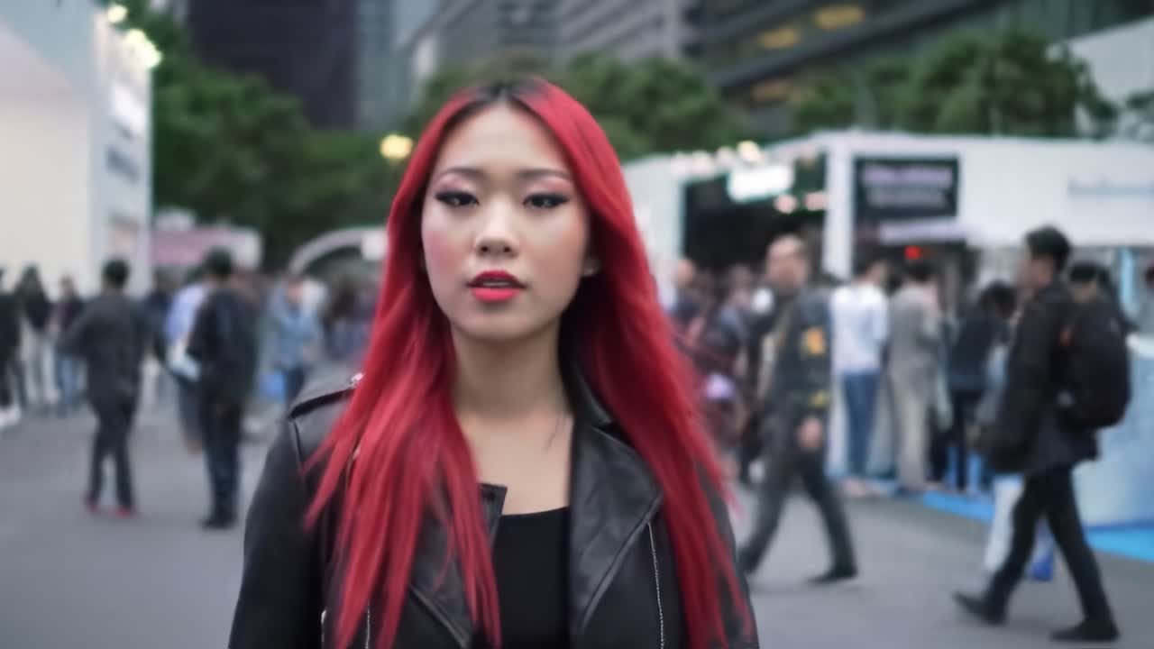 A young woman with striking red hair wears a black outfit while confidently walking through a crowded urban event. People are engaged in various activities around her in the modern setting.