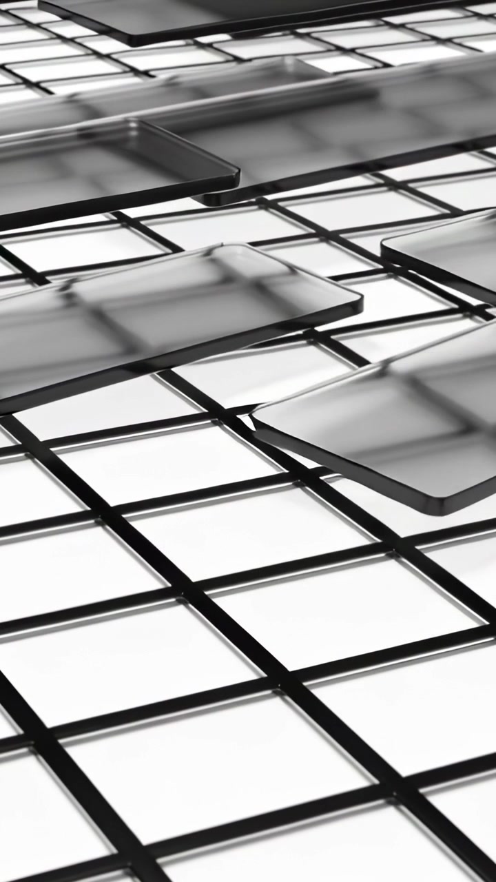 Vertical video: Sliding frosted panels shifting in studio, mounts nudging to show black metal grid